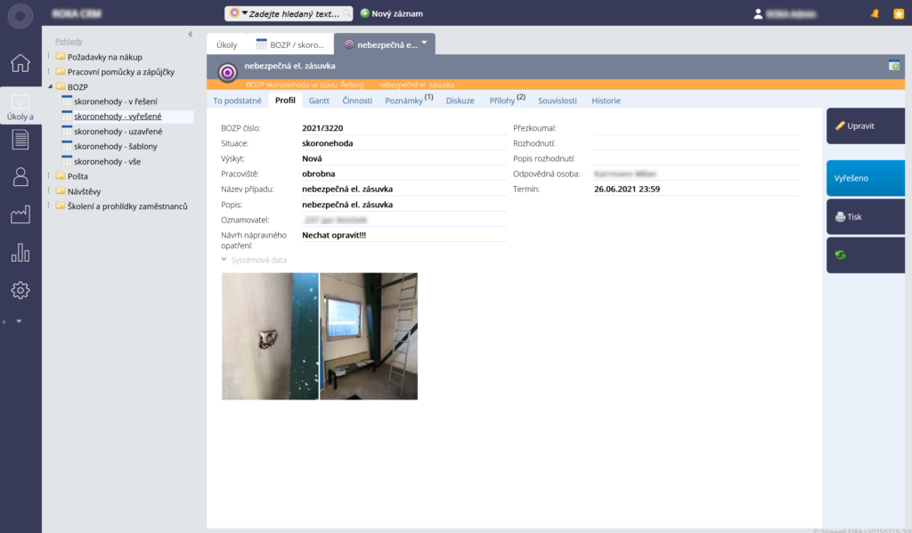 EIRA Software pro hlášení a řešení skoronehod - detail záznamu o skoronehodě.