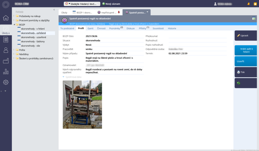 EIRA Software pro hlášení a řešení skoronehod - detail záznamu o skoronehodě.