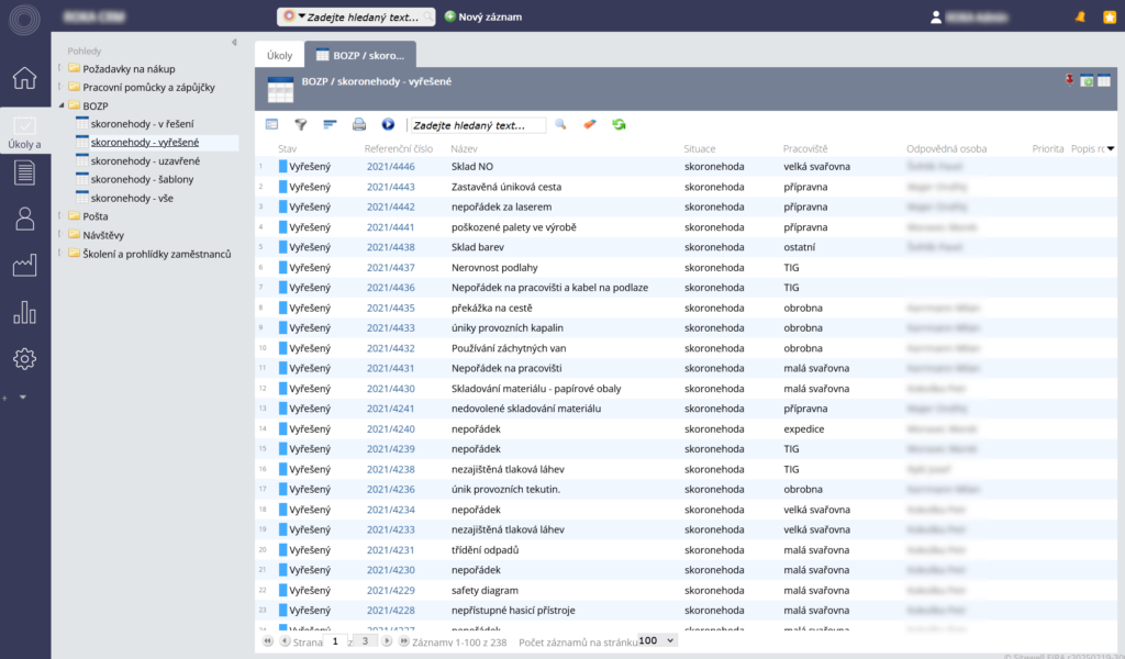 EIRA Software pro hlášení skoronehod - Evidence skoronehod